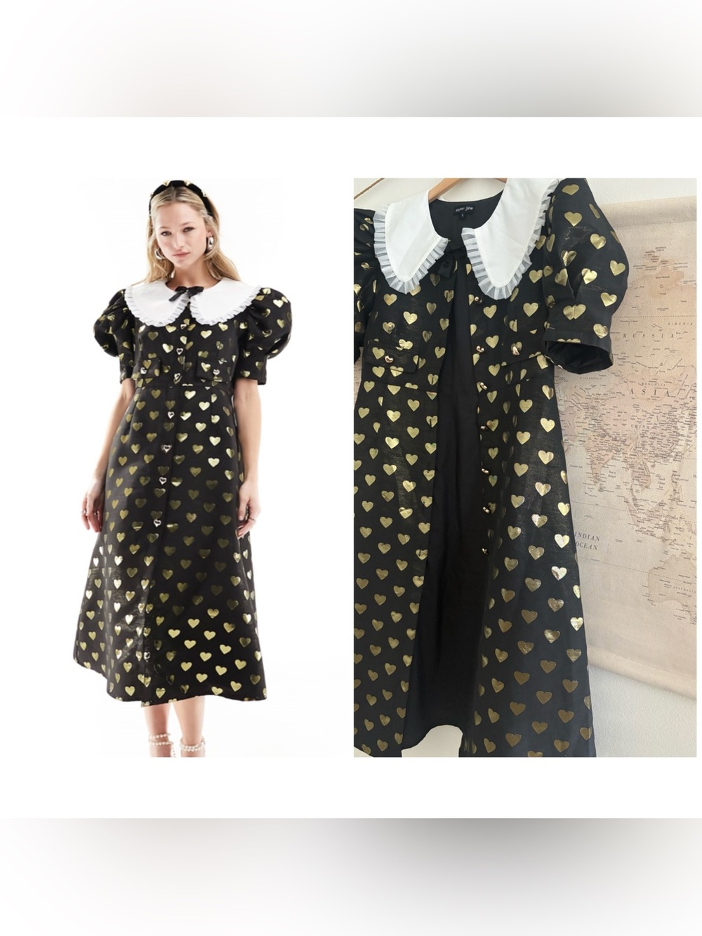 🆕Sister Jane Black Golden Hearts Ruffle Collar Midi Dress Size L NWOT